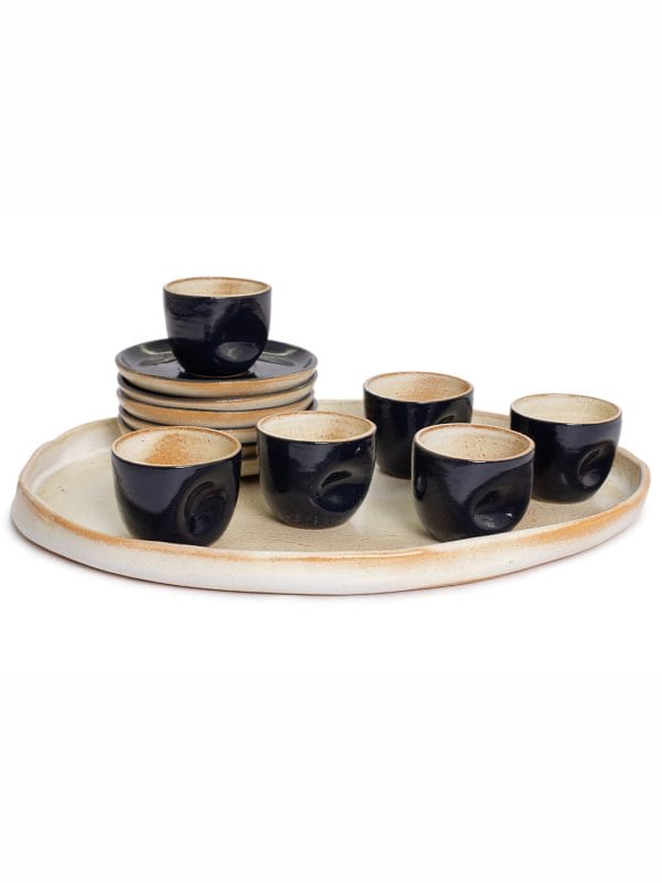 Set Bandeja Oval M + 6 Xícaras de Café Contemporânea - Marinho e Off