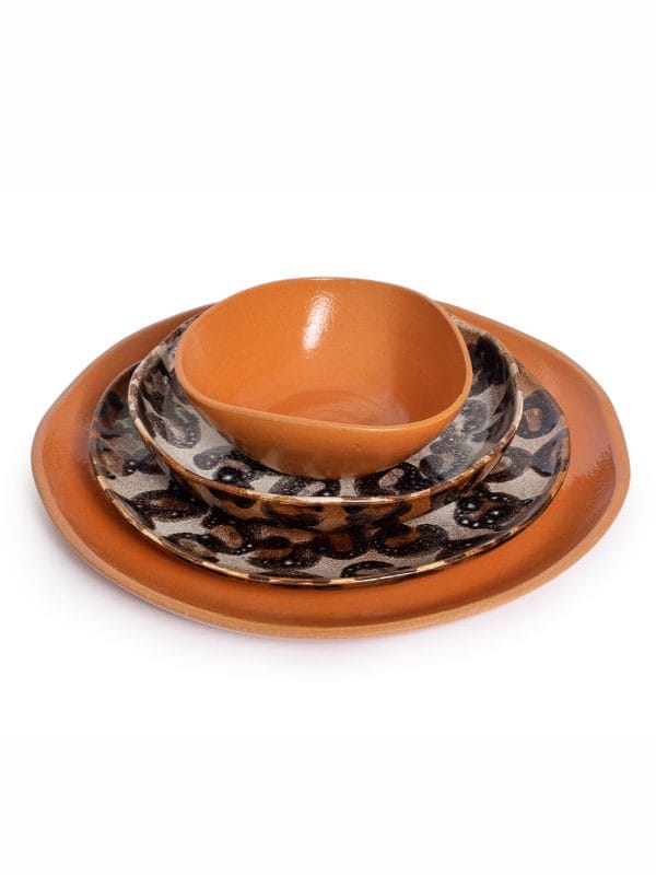 Set Bowl Papaya + Prato Fundo + Prato Raso + Sousplat - Leopardo e Terracota