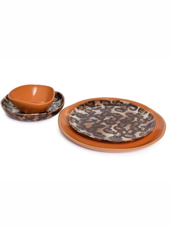 Set Bowl Papaya + Prato Fundo + Prato Raso + Sousplat - Leopardo e Terracota